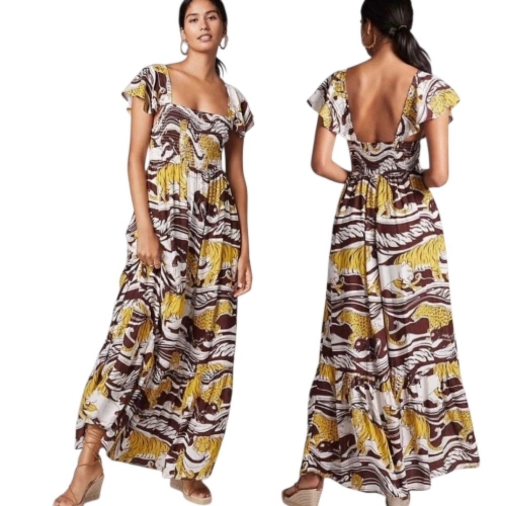 ANTHROPOLOGIE Panther Print Ruffled Maxi Dress - Size XS